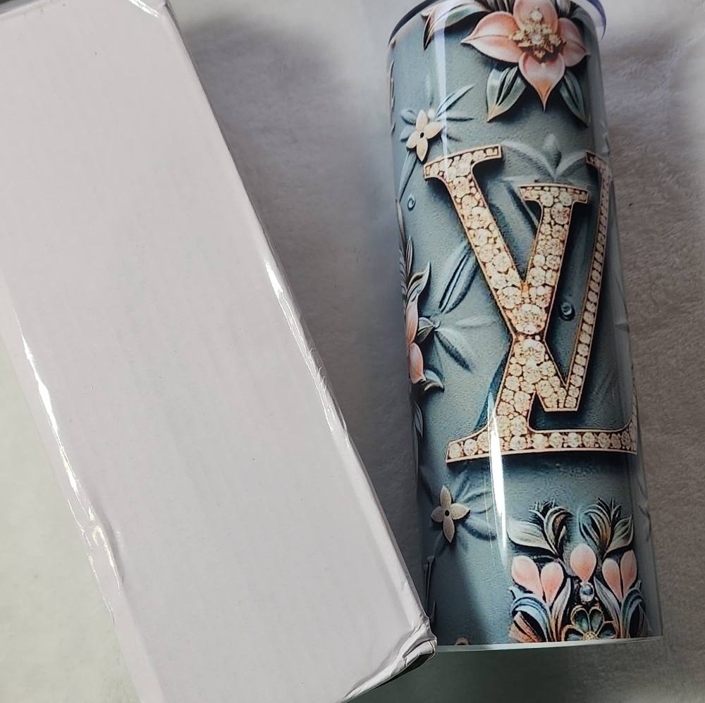 Crystal LV Monogram Tumbler - Blue & Pink Hand Crafted 20 Oz. NIB - Picture 4 of 9